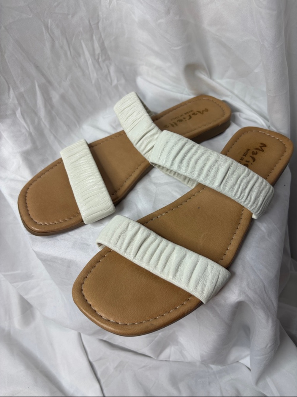 White Double-Strap Slide Sandals with Tan Footbed